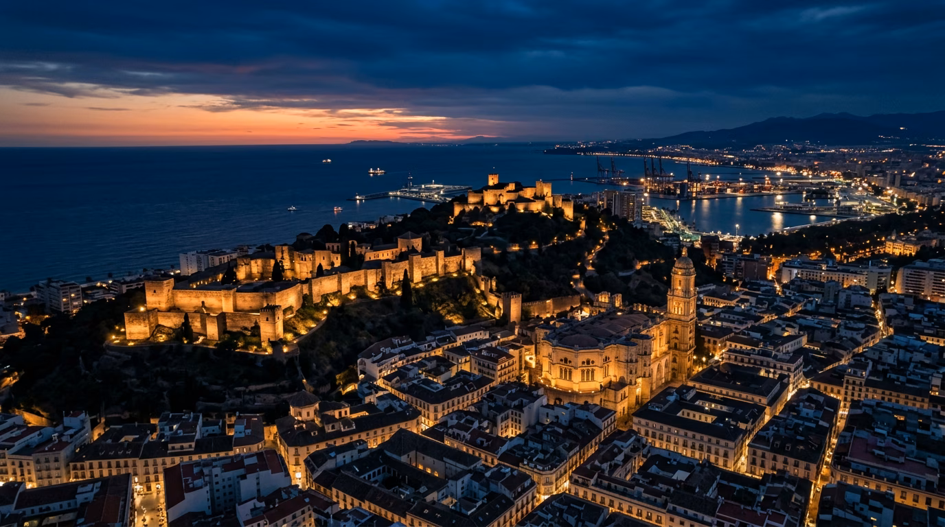 Luchtbeeld van de stad Málaga bij zonsondergang met de kathedraal, de Alcazaba en de Gibralfaro verlicht tegen een oranje lucht