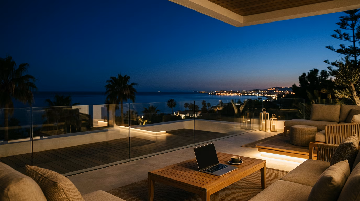 Terras van een luxe penthouse met een MacBook op een teakhouten tafel bij zonsondergang in Marbella, ter illustratie van het regime van de Beckham-wet voor tech-oprichters aan de Costa del Sol