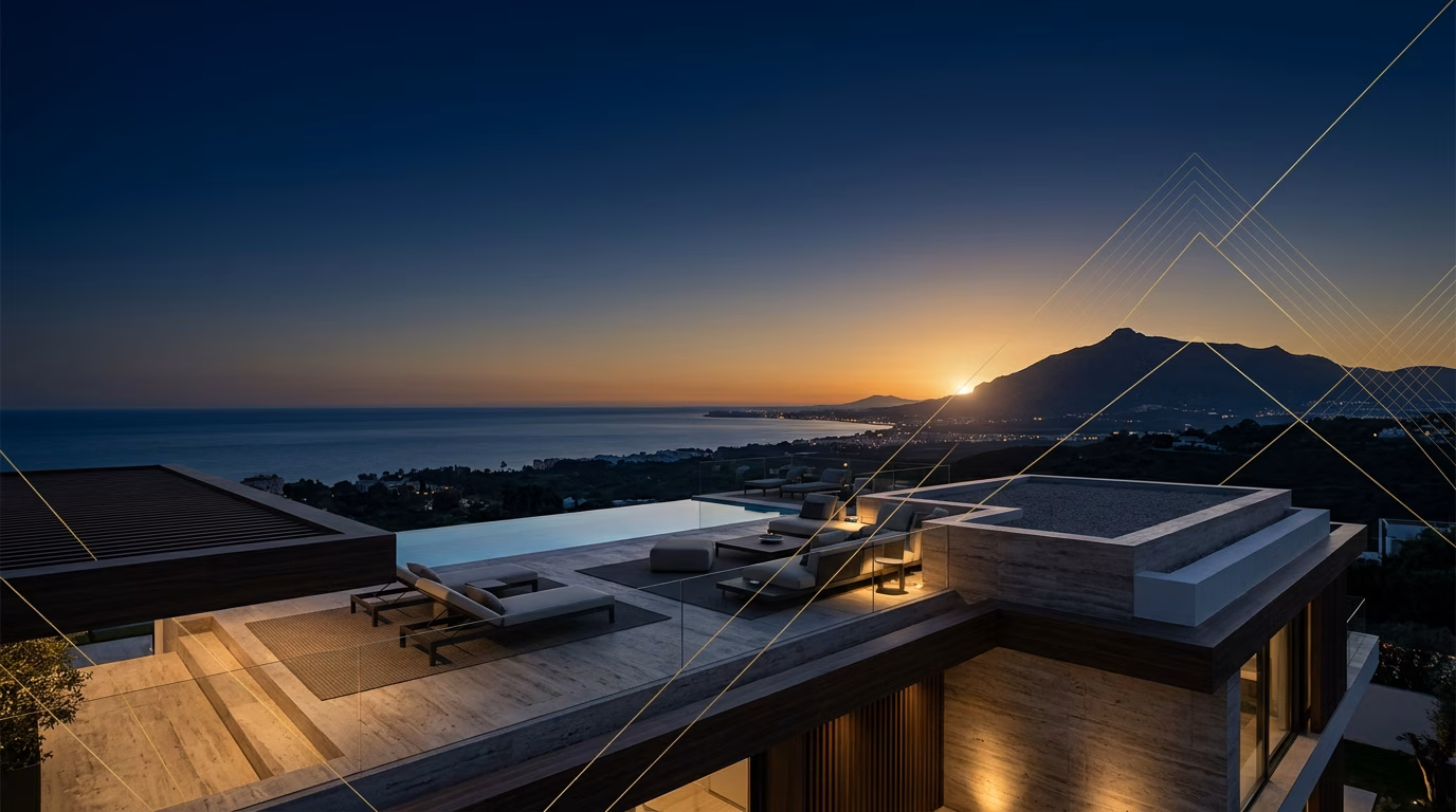Cinematografisch uitzicht bij zonsondergang over de berg La Concha van Marbella vanaf een luxe dakterras met gouden accenten, als symbool van het Andalusische fiscale vermogensschild