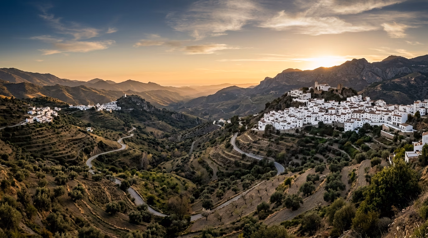 Panoramisch uitzicht op een Andalusische vallei bij zonsondergang met witte dorpjes op heuvels en olijfgaarden, ter illustratie van de opkomende zones Cártama, Coín en Alhaurín