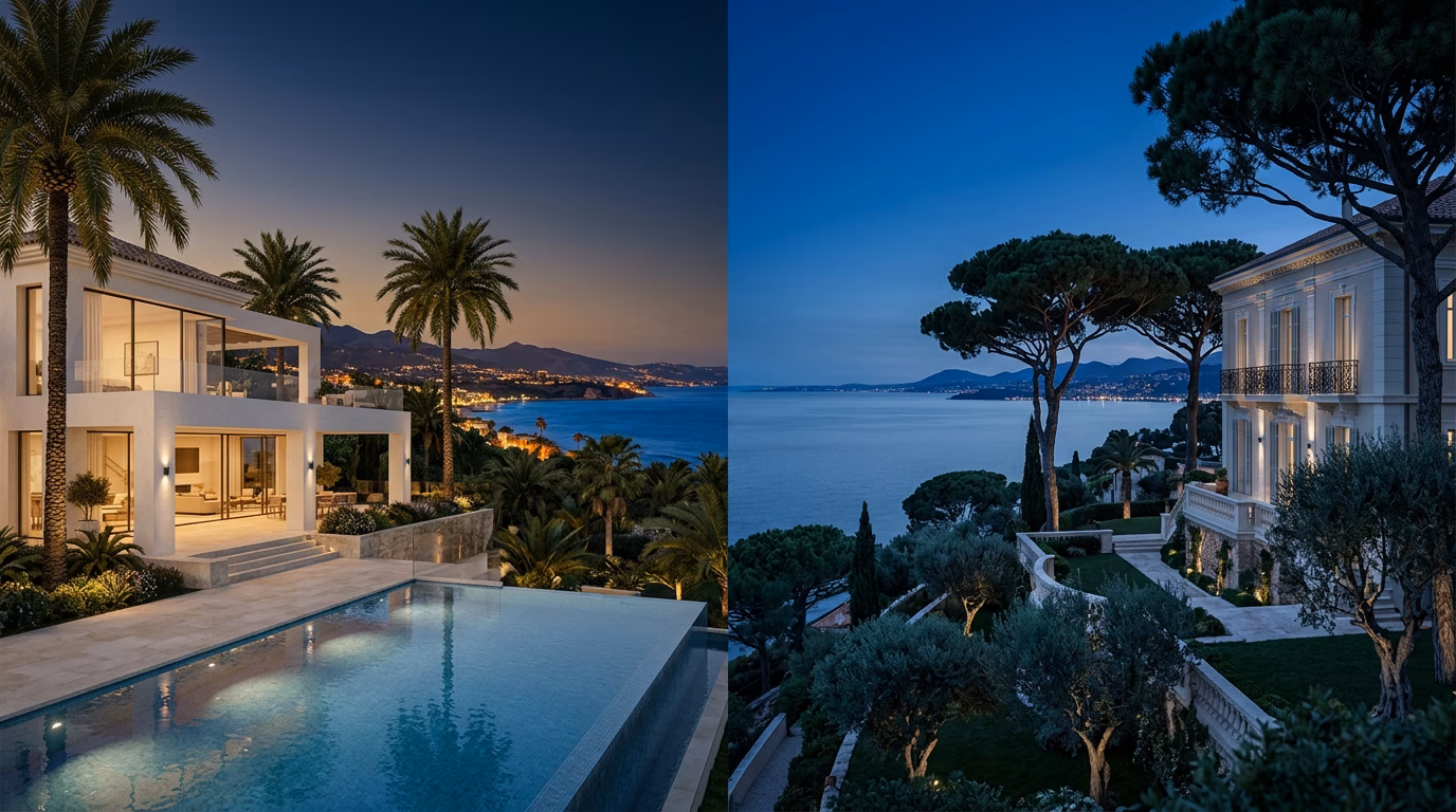 Architectonische compositie die een villa in Marbella in warm gouden licht vergelijkt met een villa in Cap Ferrat in koeler blauw licht