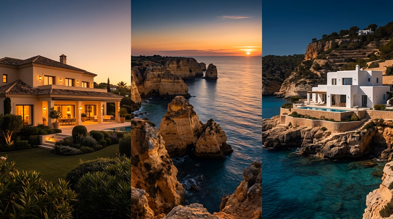 Redactioneel drieluik: een villa in Marbella, de kliffen van de Algarve en een kubistische villa op Ibiza bij zonsondergang, ter vergelijking van de Iberische luxebestemmingen