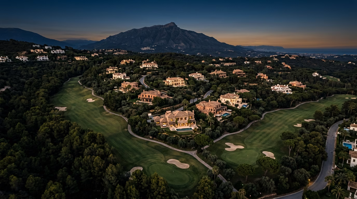 Cinematografisch luchtbeeld van La Zagaleta in Benahavís met golfbanen, verspreide villa's en een bergachtergrond tijdens het gouden uur
