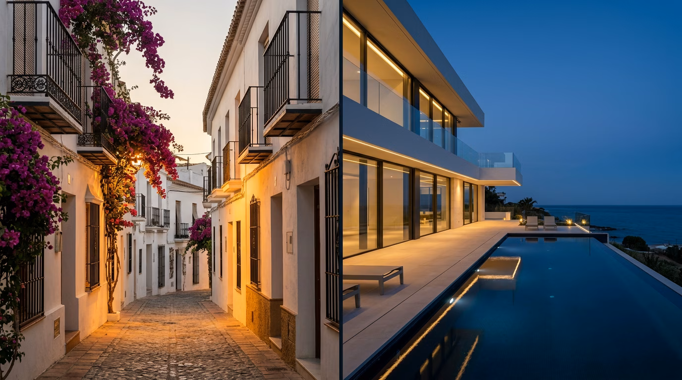 Redactionele gesplitste compositie: een witgekalkte straat in het historische centrum van Marbella met bougainville en een moderne nieuwbouwvilla met infinity pool