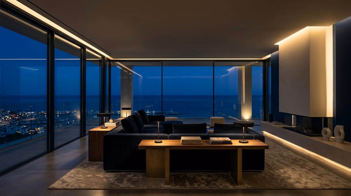 Modern nachtelijk penthouse met uitzicht op de jachthaven van Puerto Banús, met de verfijnde sfeer van een fintech-oprichter