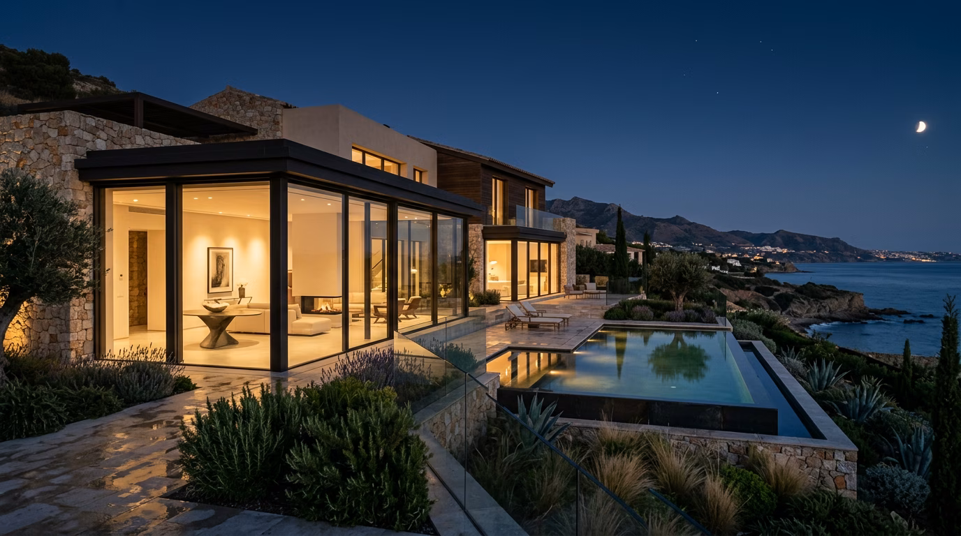 Luxe villa met een leeg interieur en gouden licht dat door de ramen filtert, ter illustratie van het vermogensmoment tussen twee eigenaren