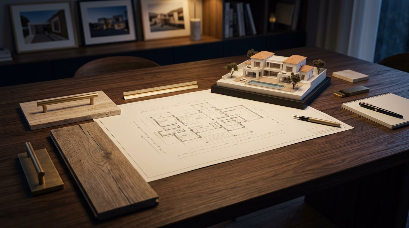 Bouwtekening van een luxe villa op een studiotafel met een 3D-maquette en materiaalstalen, ter illustratie van de pre-marketingfase van nieuwbouw