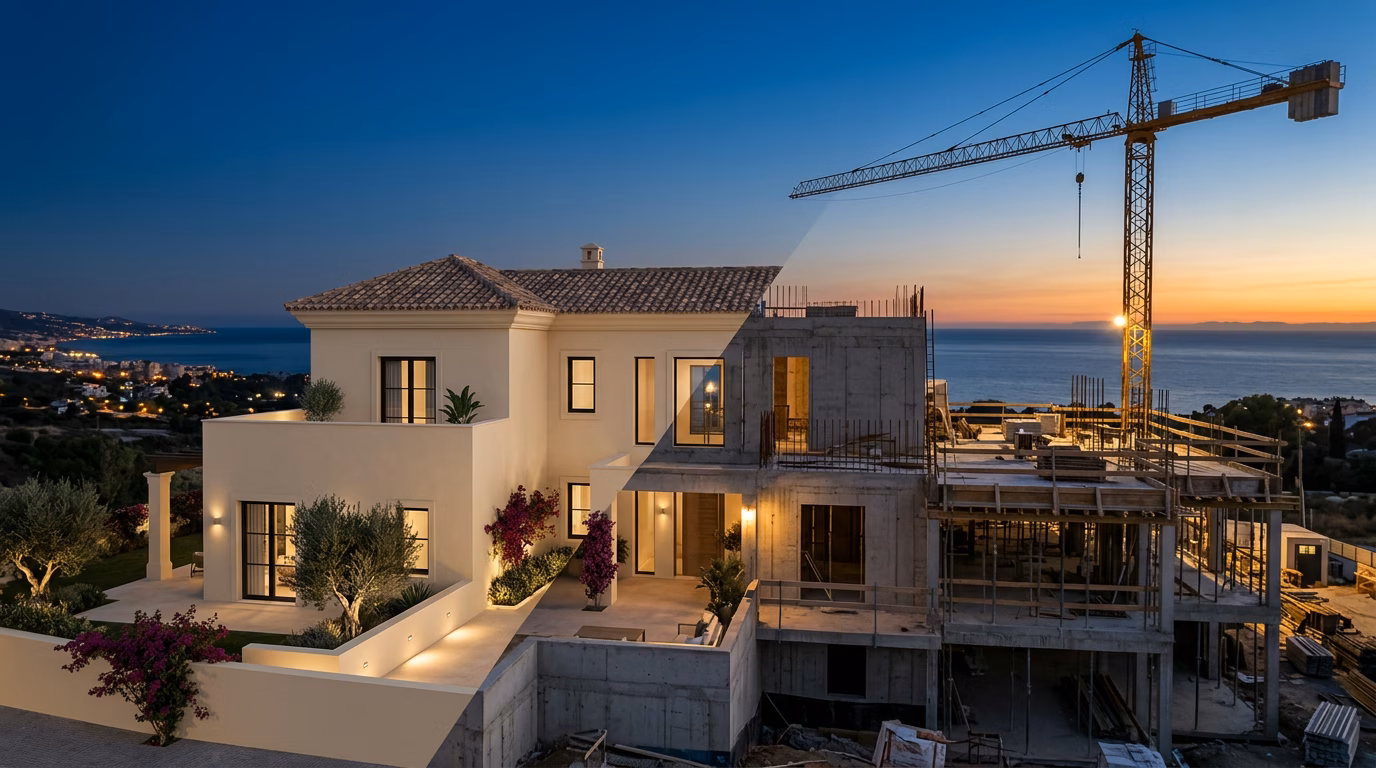 Redactionele compositie die de overgang toont van een CGI-render naar een echte villa met bouwkraan bij een mediterrane zonsondergang