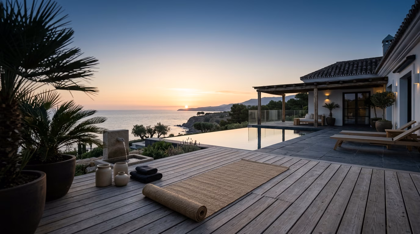 Spaterras van een villa met yogamat gericht op de Middellandse Zee bij zonsopgang, ter illustratie van longevity en wellness aan de Costa del Sol