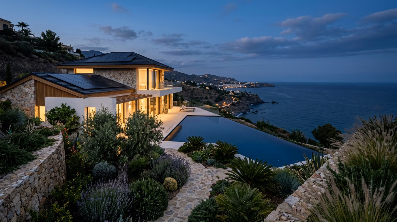 Moderne luxe villa met zonnepanelen elegant geïntegreerd in het dak en een duurzame tuin bij zonsondergang aan de Costa del Sol
