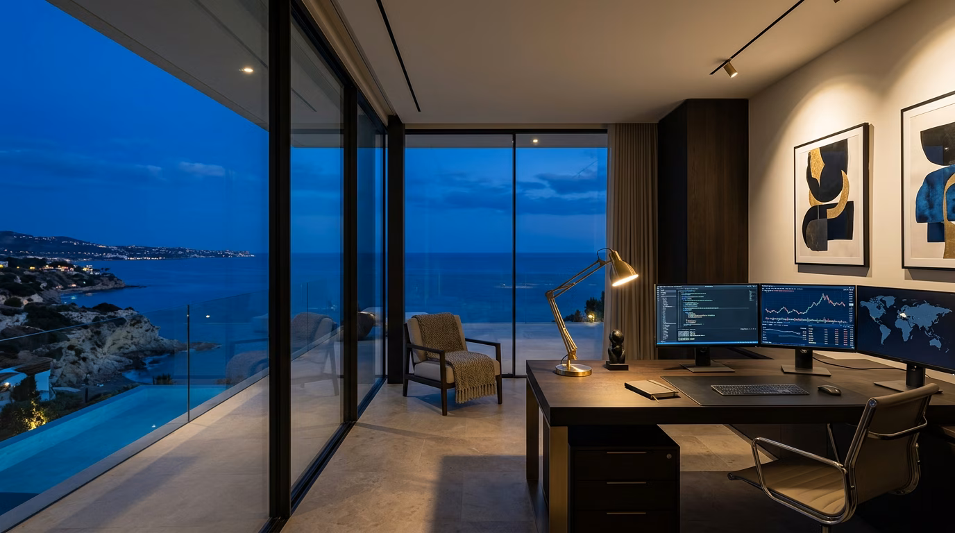 Minimalistisch modern villa-interieur met glazen wanden van vloer tot plafond en uitzicht op de Middellandse Zee in Marbella bij zonsondergang, dat de habitat van een Amerikaanse tech-oprichter suggereert