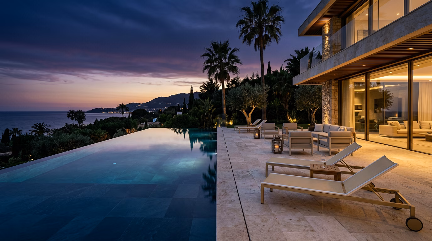 Villaterras met infinity pool bij zonsondergang in Marbella, ter illustratie van de rendementen op kortetermijnverhuur in K1 2026